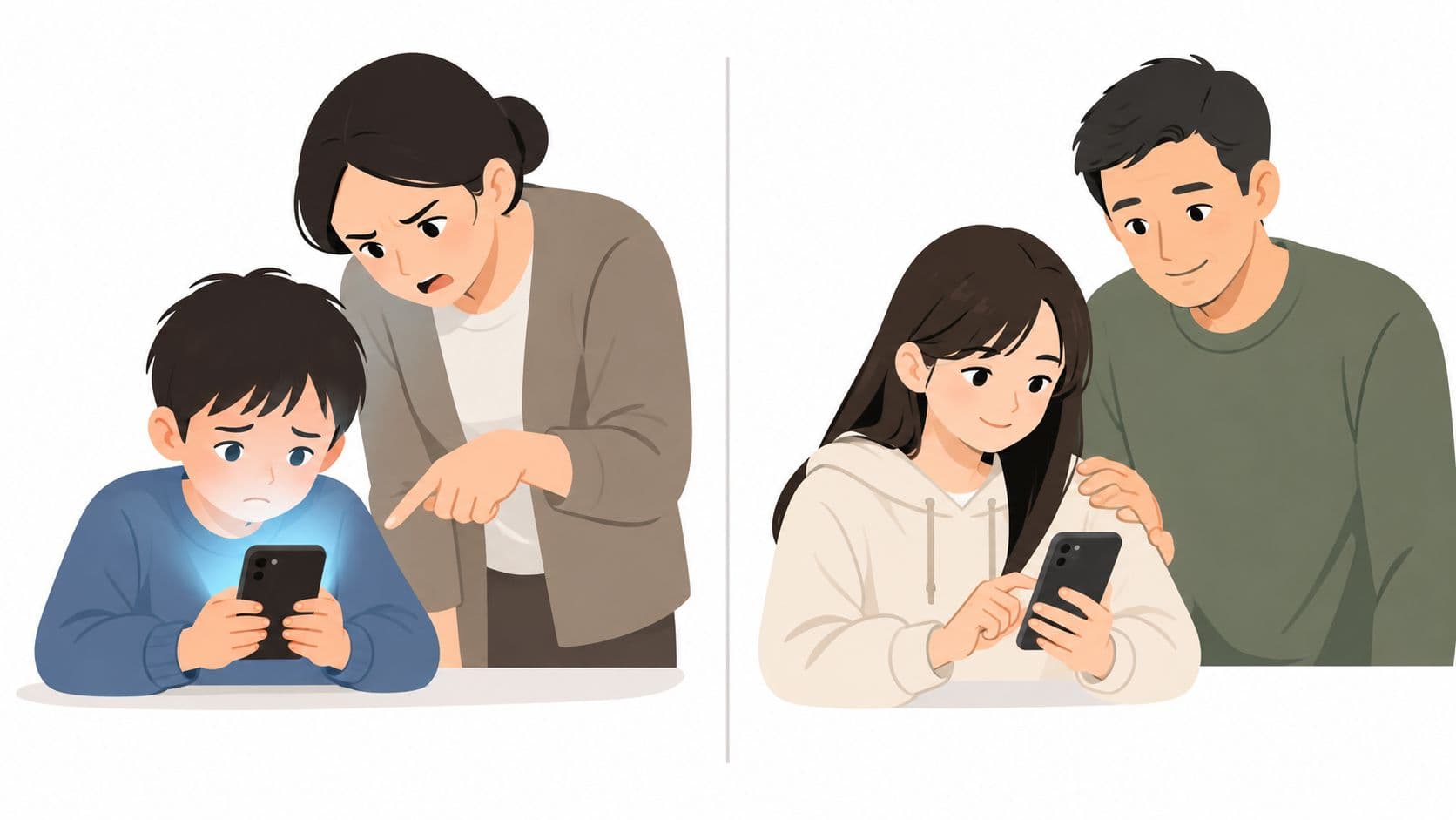 Une illustration en écran partagé contrastant un style parental autoritaire avec une approche autoritative pendant que des enfants utilisent des smartphones.