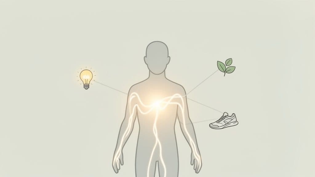 Illustration of a human body with glowing internal energy connected to a light bulb, leaves, and a running shoe.