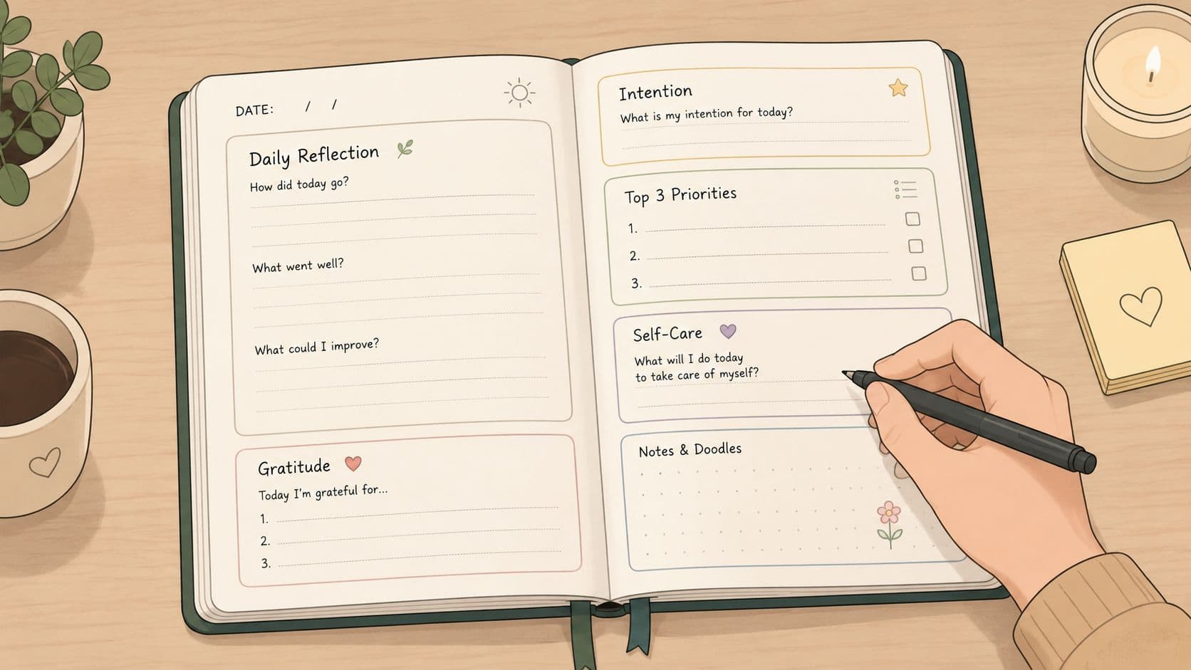 A hand writing in an open daily reflection journal on a wooden desk with coffee and candle.