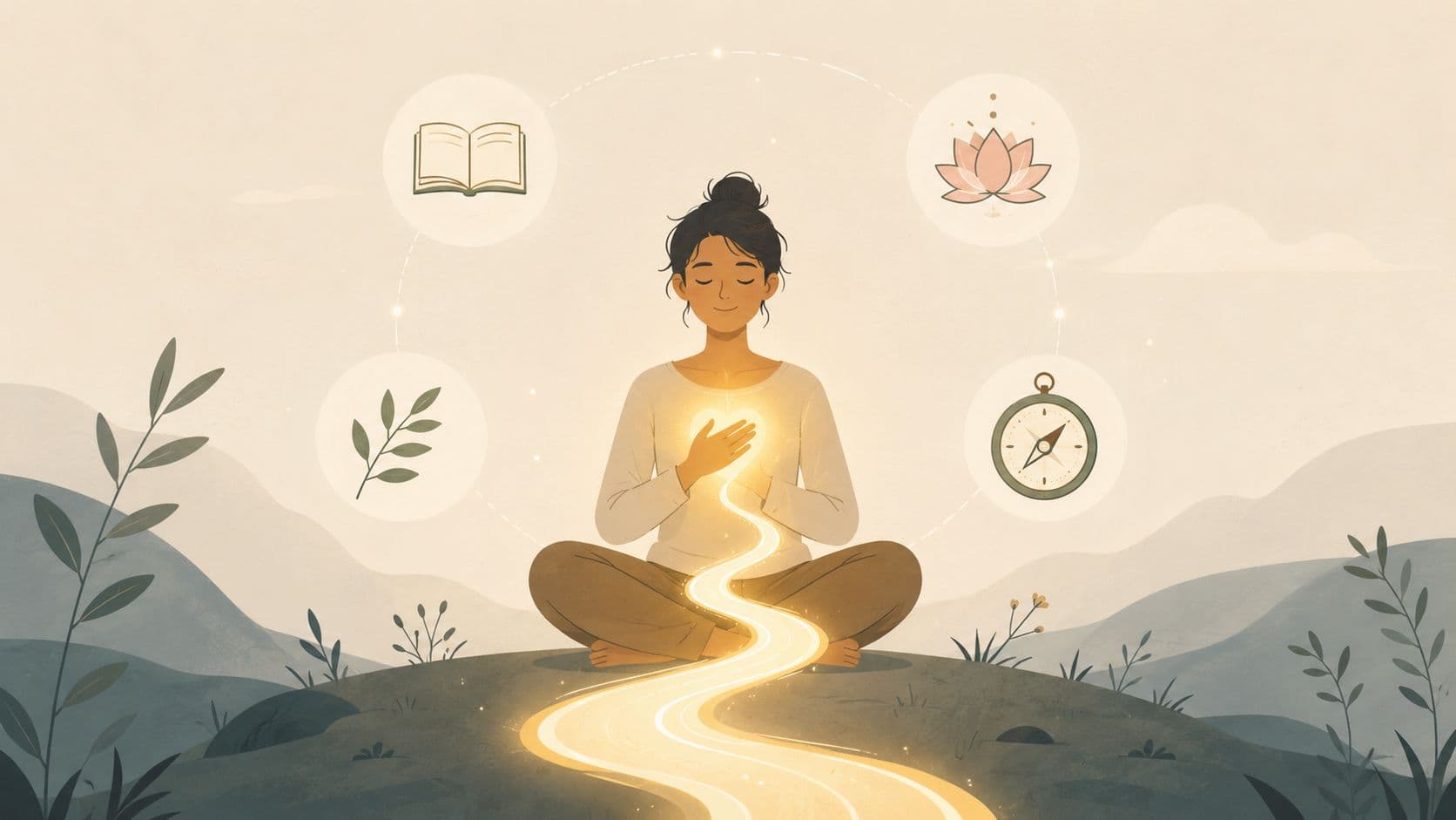 A woman meditating on a hill with glowing icons of a book, lotus, leaves, and compass nearby.