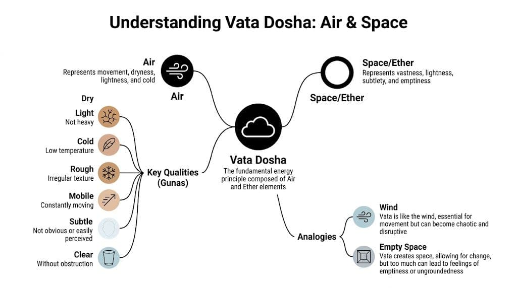 A mind map infographic explaining the Vata Dosha concept in Ayurveda including its elements and qualities.