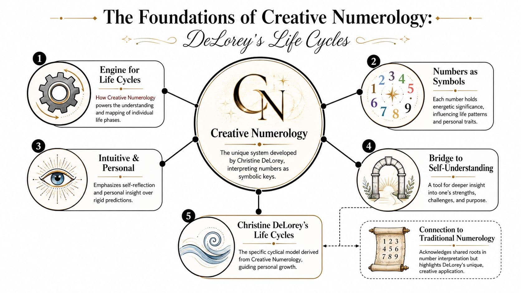An infographic titled The Foundations of Creative Numerology explaining Christine DeLorey's cyclical approach to personal growth.