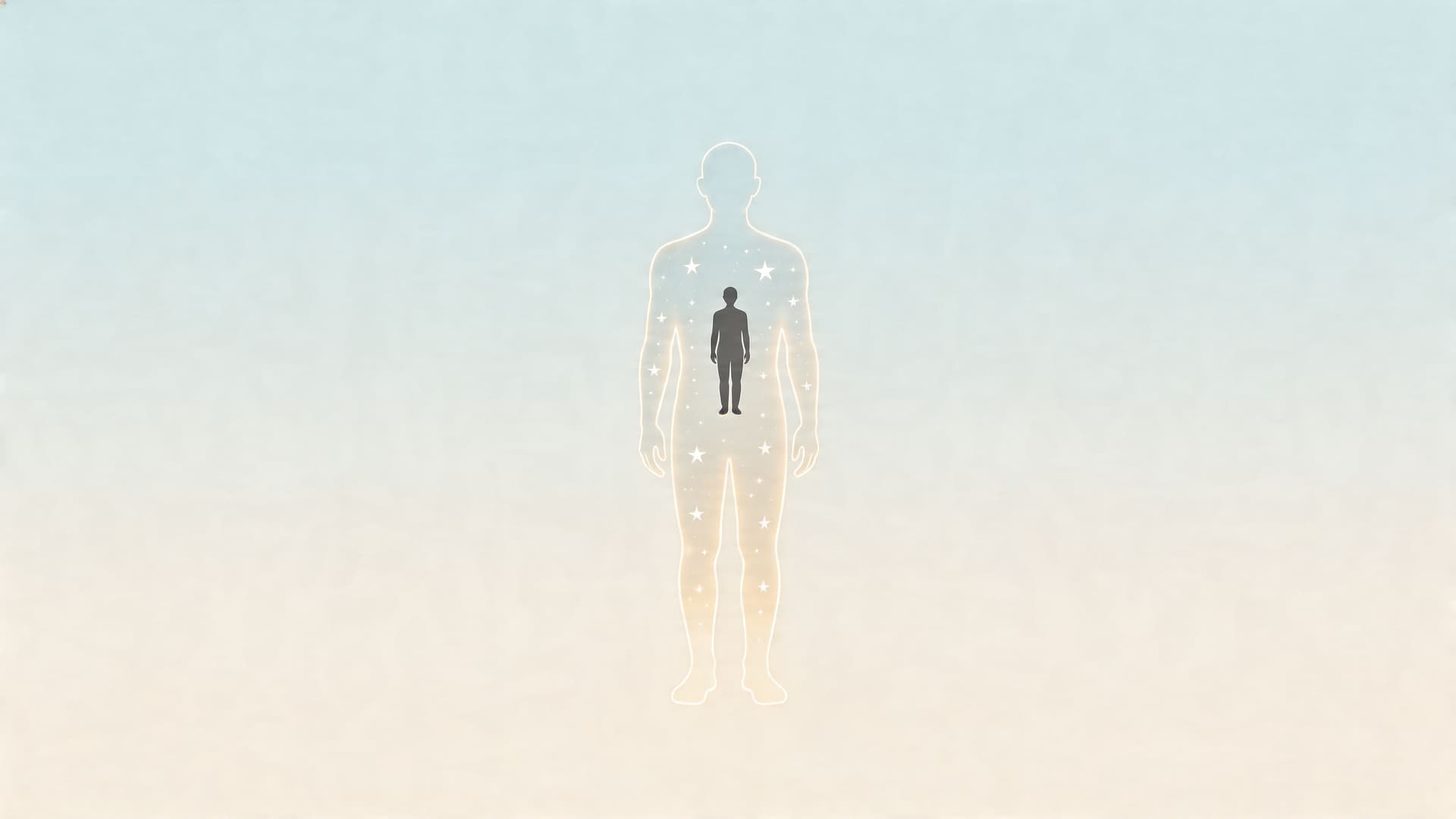 A minimalist graphic of a glowing human silhouette containing stars and a smaller human figure inside.