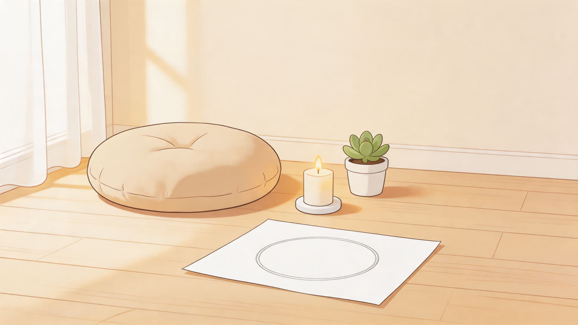 A cozy, sunlit room featuring a meditation cushion, a small succulent, a lit candle, and paper.
