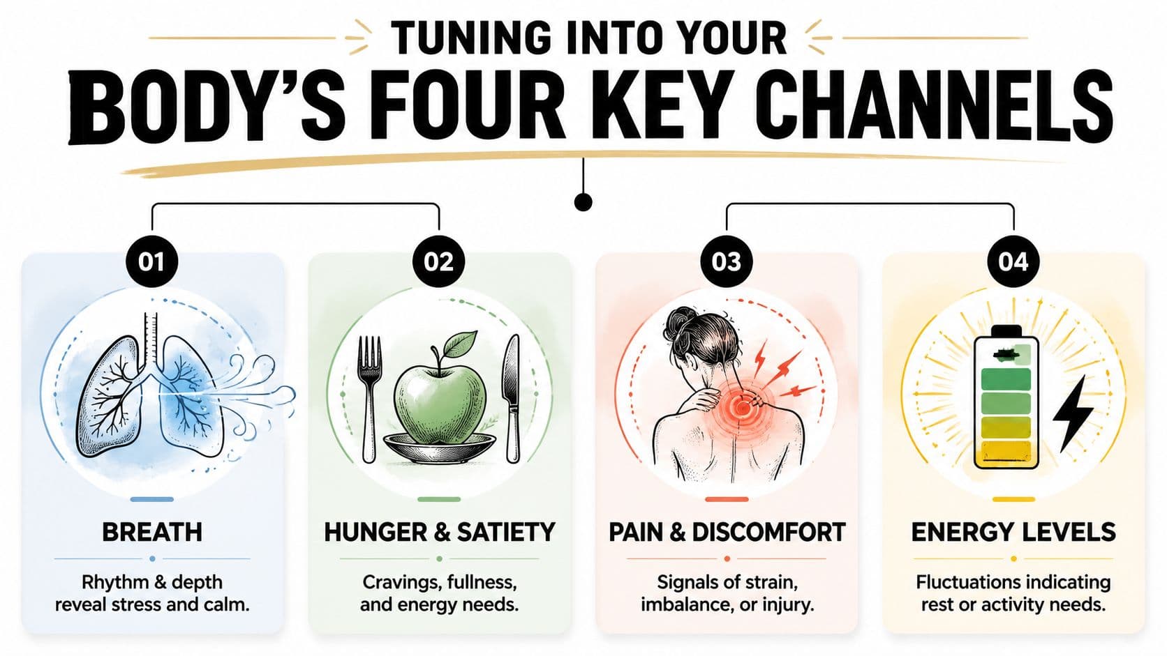 An infographic titled Tuning into Your Body's Four Key Channels highlighting breath, hunger, pain, and energy levels.