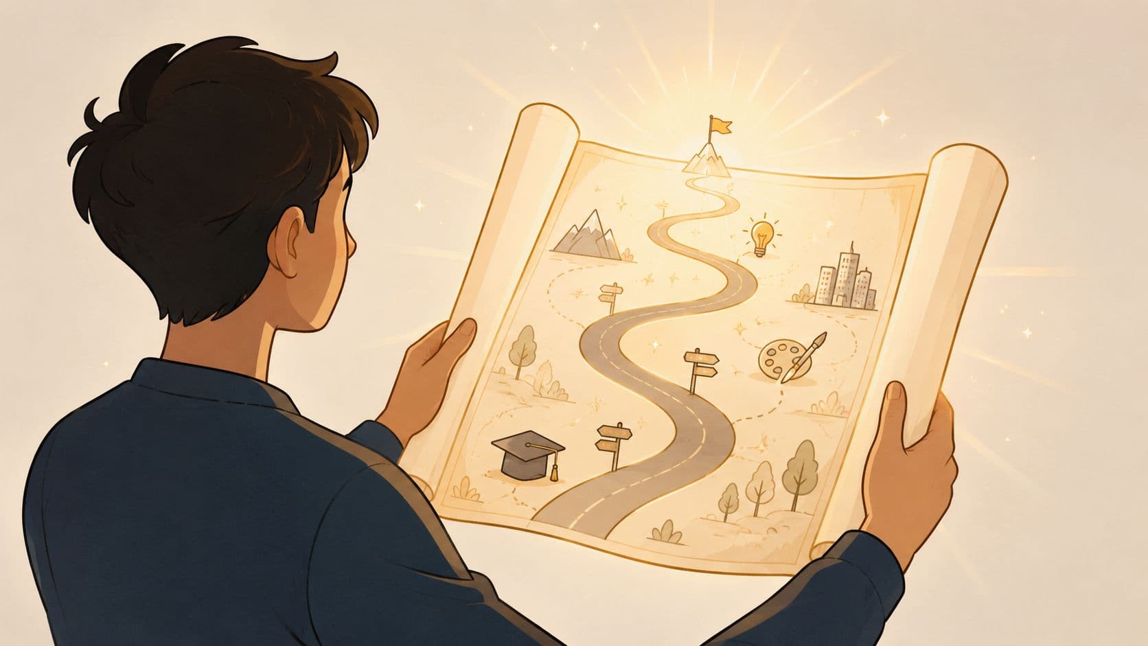 A person looking at an illustrated map showing a winding road leading towards a distant goal.