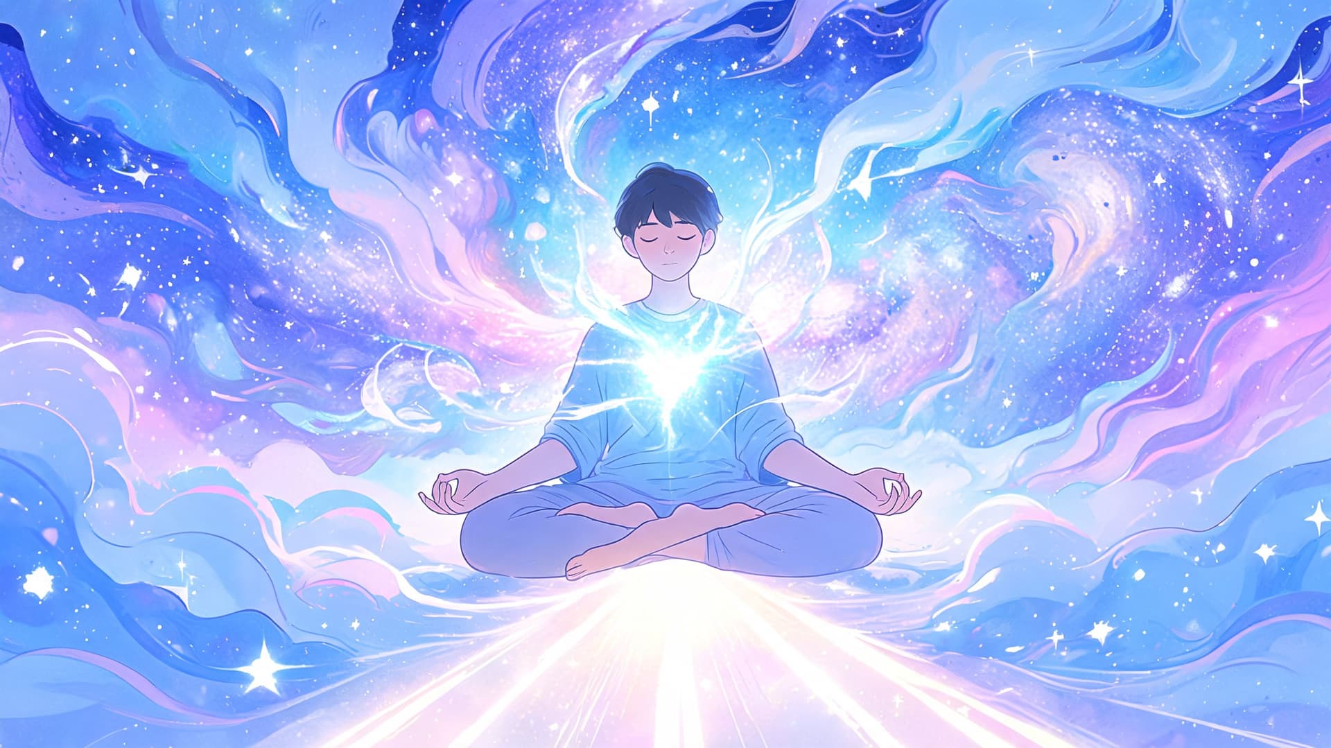 A young person meditating amidst swirling cosmic nebula clouds, radiating a bright, glowing light from their heart center.