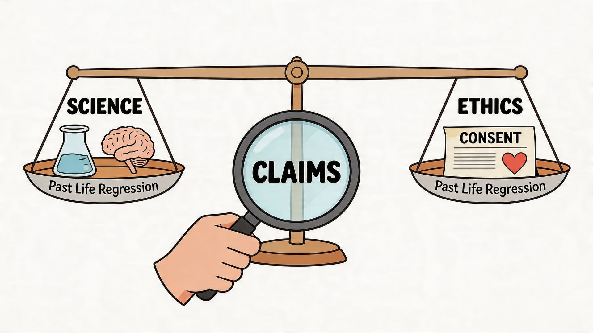 A scale weighing the science and ethics of past life regression hypnotherapy under a magnifying glass.