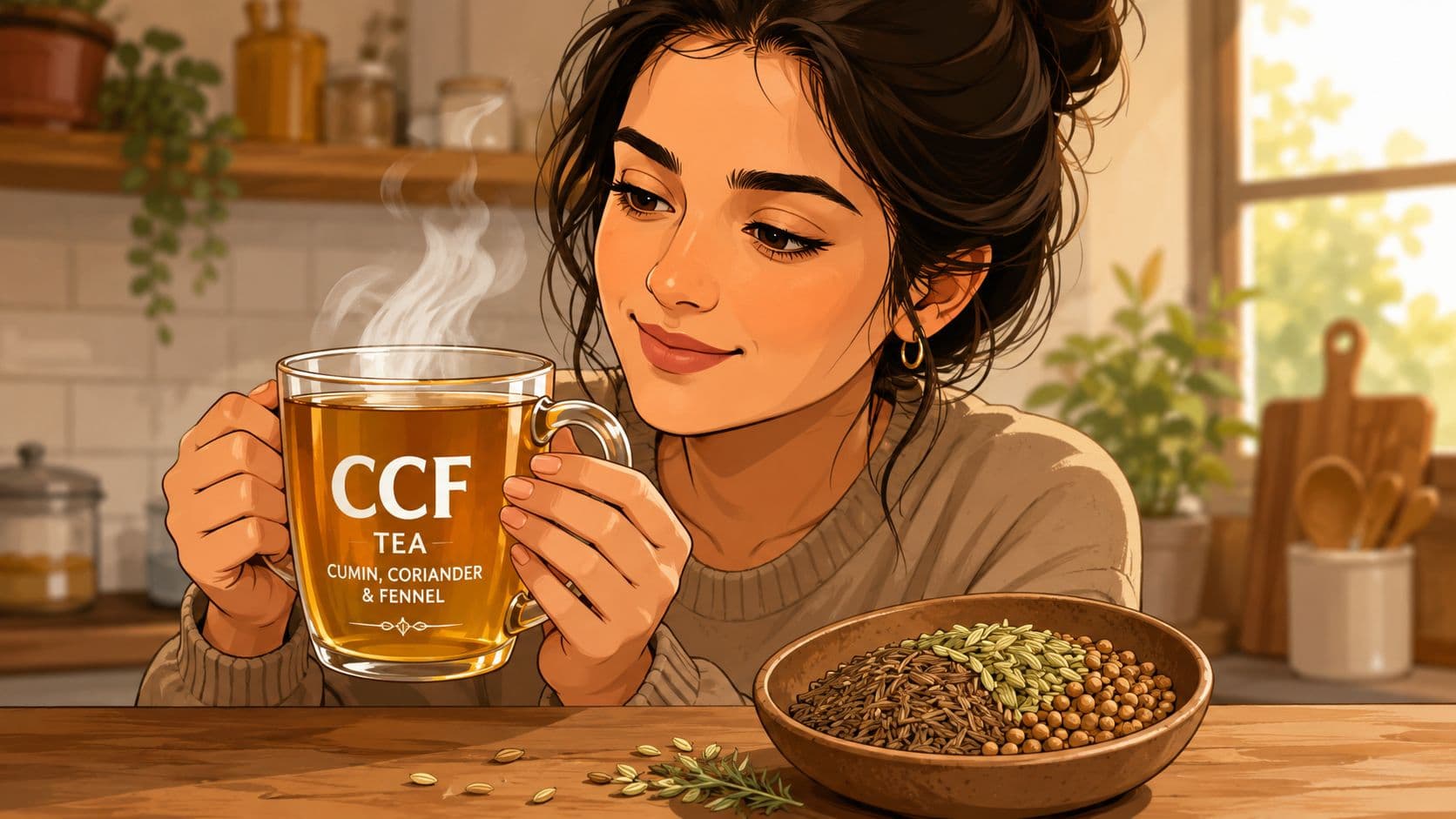 A young woman smiling while holding a warm mug of CCF tea beside a bowl of spices.