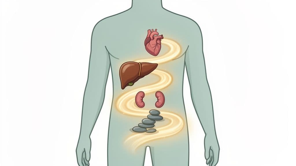 Human torso diagram showing heart, liver, and kidneys connected by a winding, glowing path to stacked stones.