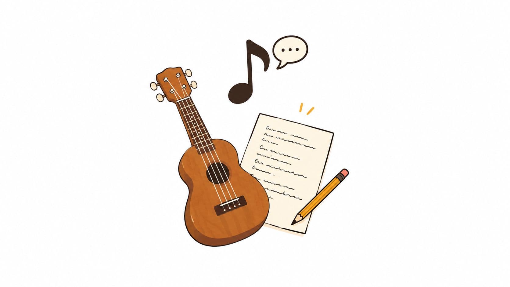 A hand-drawn illustration of a brown ukulele, a sheet of music, and a wooden pencil.
