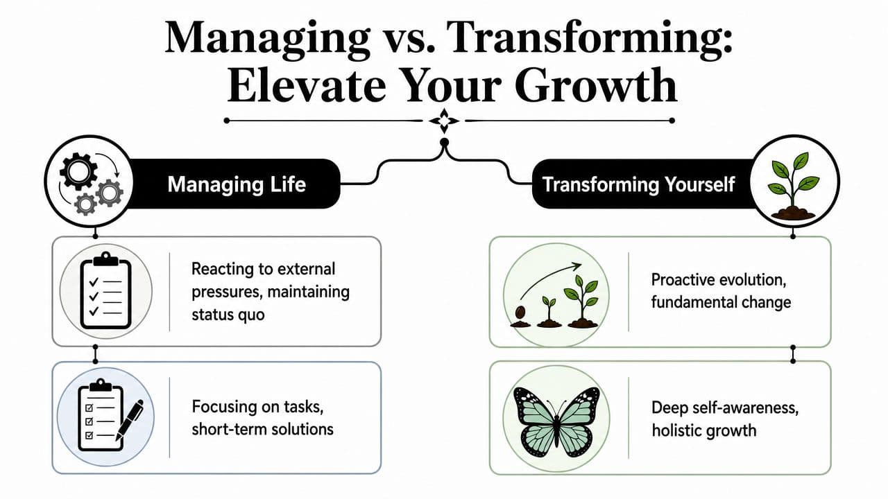 A comparison chart contrasting the concepts of managing life with the process of transforming yourself for growth.