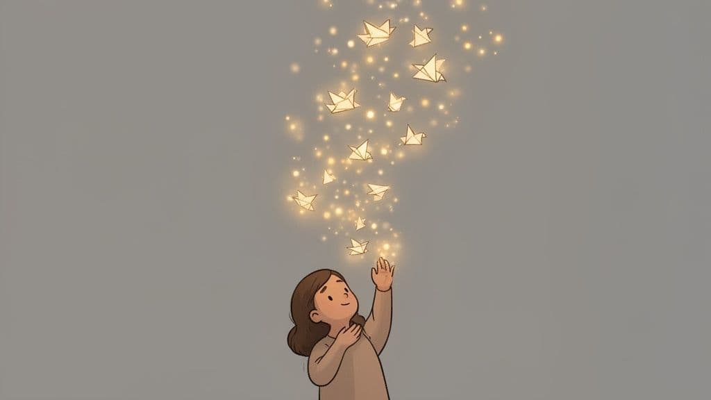 A cartoon girl reaches up towards glowing paper birds and sparkling lights floating upwards.