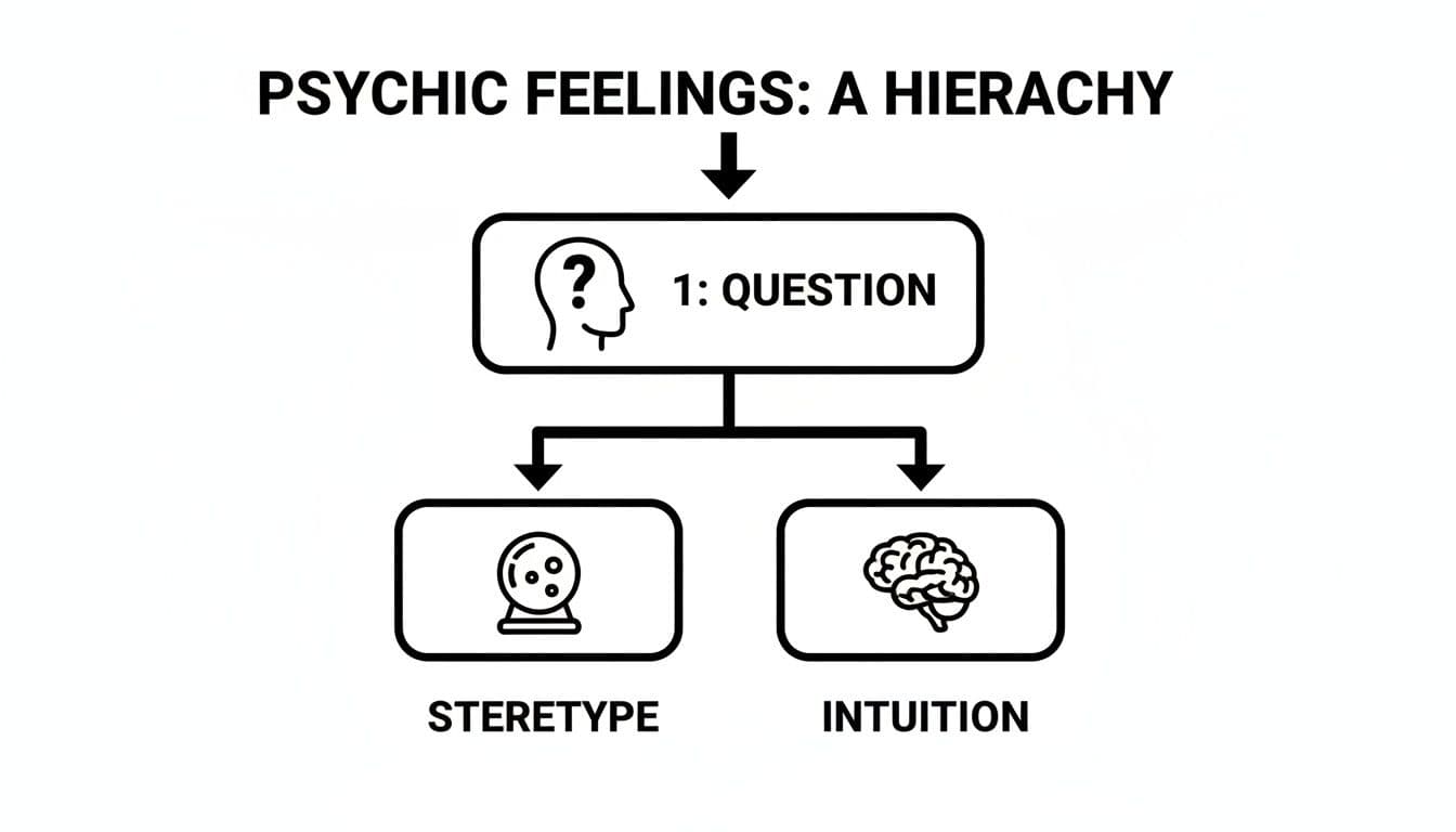 A flowchart titled 'Psychic Feelings: A Hierarchy' shows 'Question' leading to 'Stereotype' and 'Intuition'.
