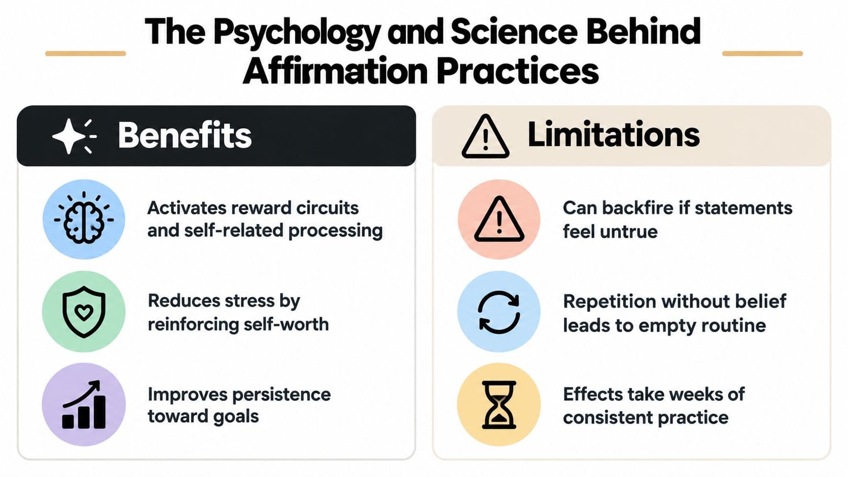 An infographic titled The Psychology and Science Behind Affirmation Practices displaying various benefits and limitations of affirmations.