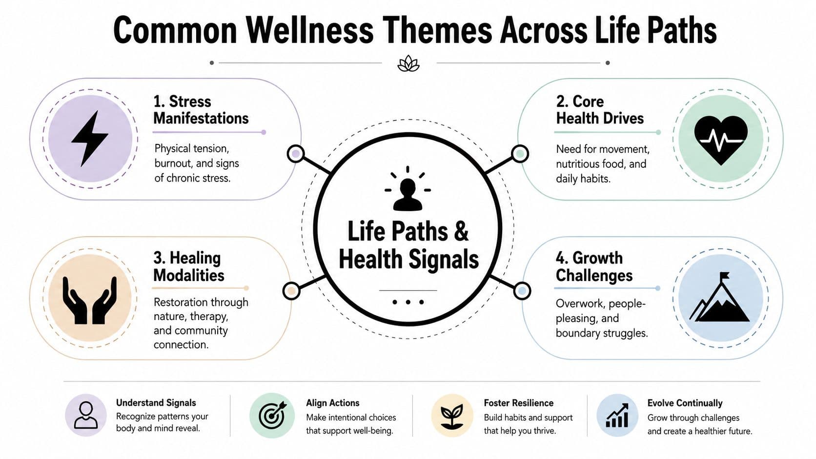 An infographic titled Common Wellness Themes Across Life Paths detailing health signals, wellness habits, and personal growth.