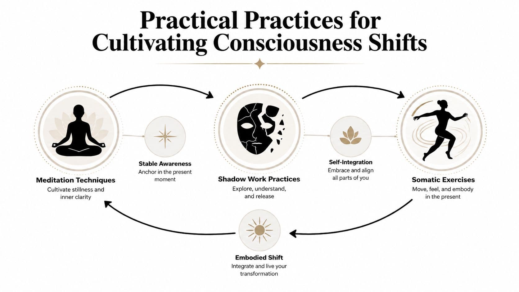 A diagram illustrating a cyclical process for cultivating consciousness shifts through meditation, shadow work, and somatic exercises.