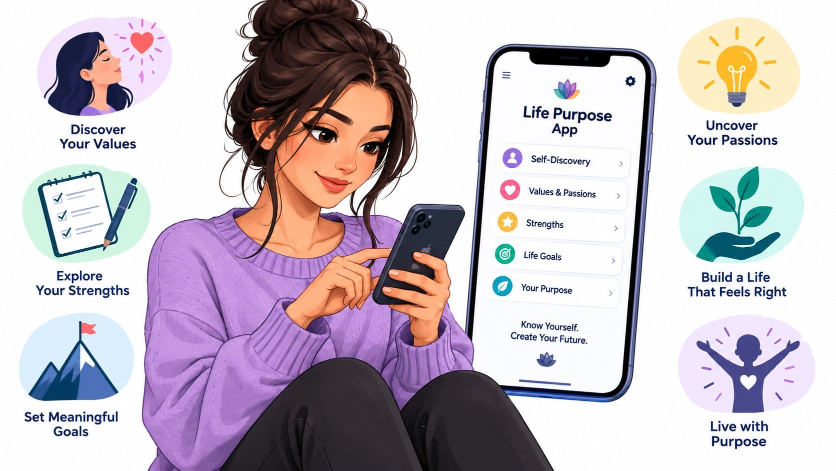 A woman using a Life Purpose app on her phone, surrounded by icons for personal growth and goal-setting.