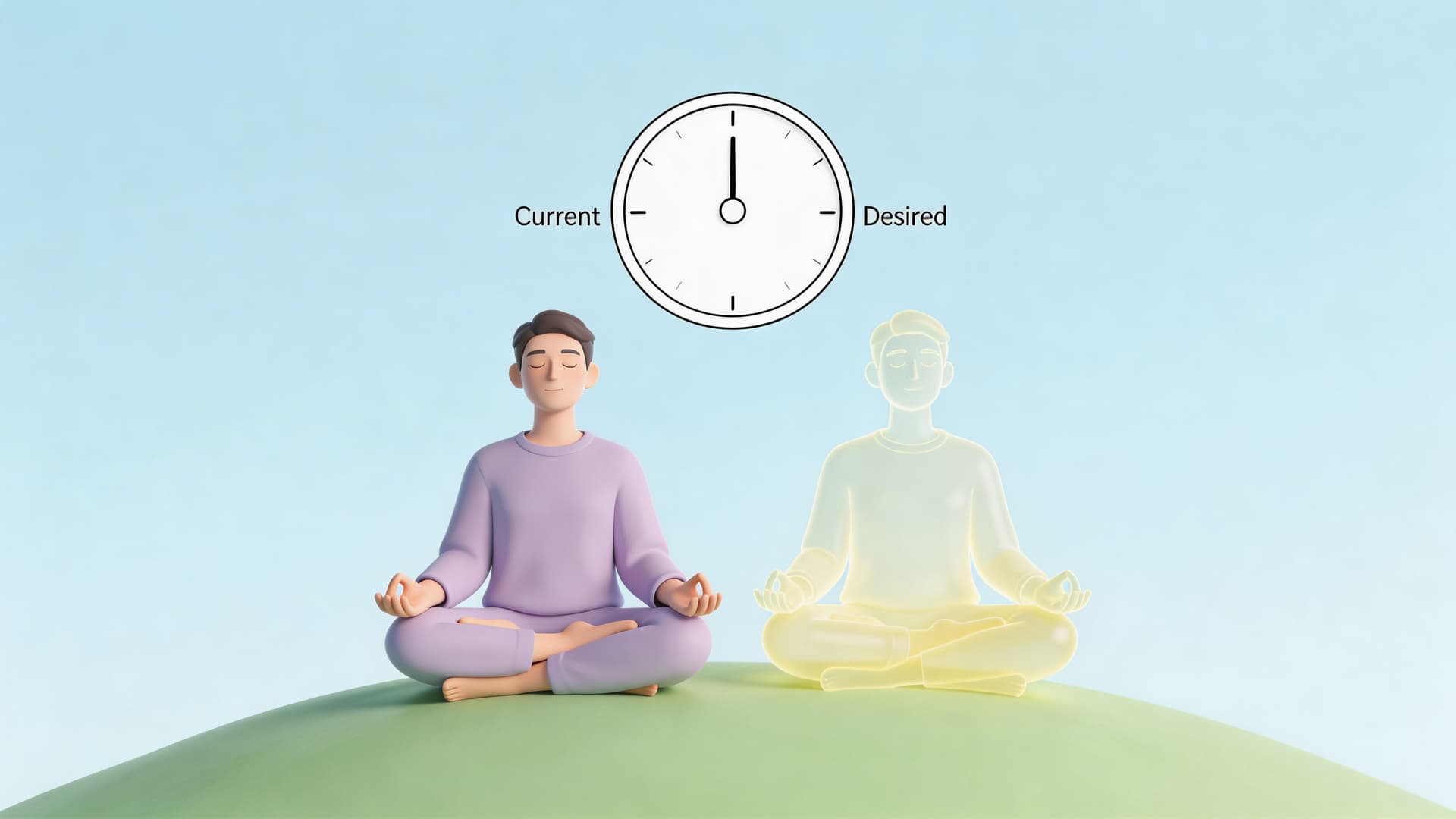 A 3D character meditating next to a translucent version of himself with a clock indicating current versus desired.