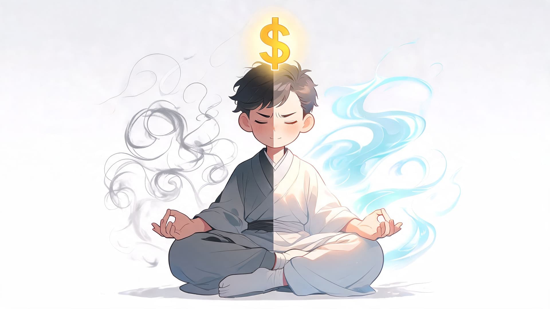 A meditative boy with a golden dollar sign floating above his head, surrounded by contrasting energy auras.