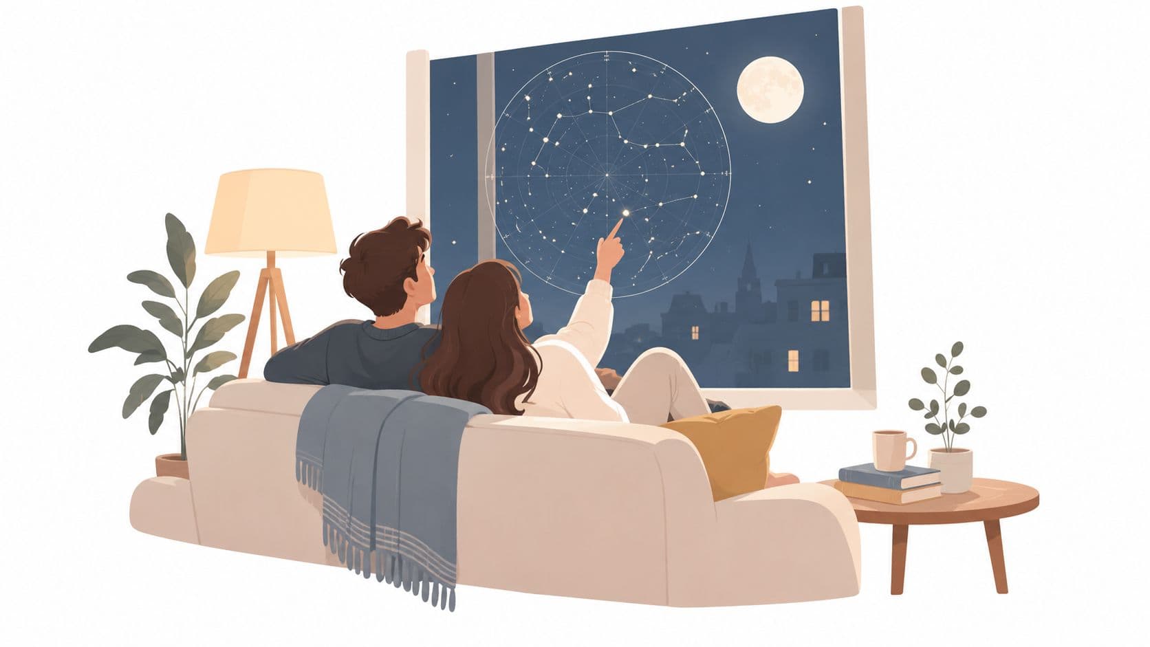 A couple sits on a couch at home, gazing at a large window displaying stars and constellations.