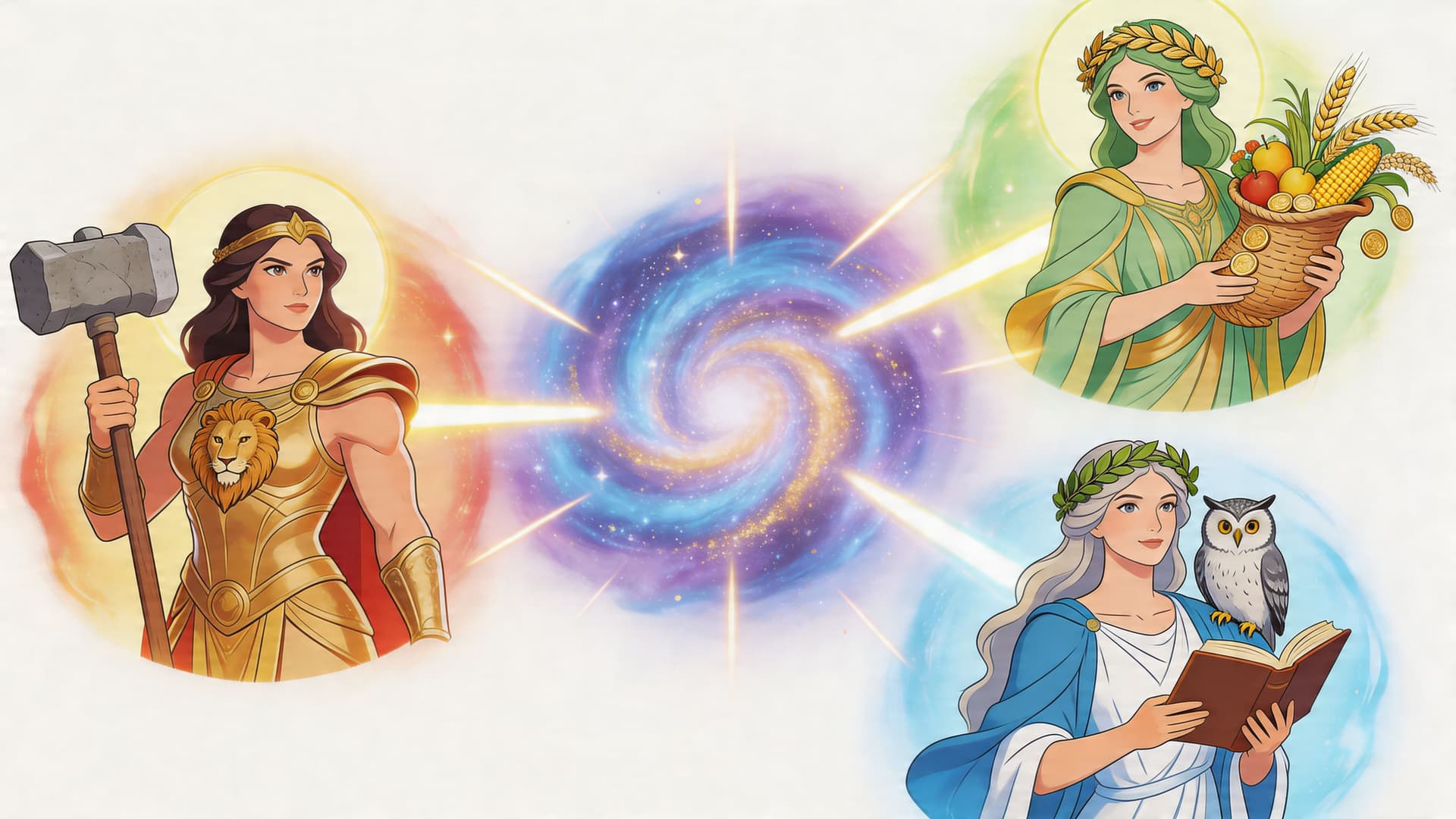 A digital illustration featuring three goddesses around a celestial portal representing divine feminine energy and power.