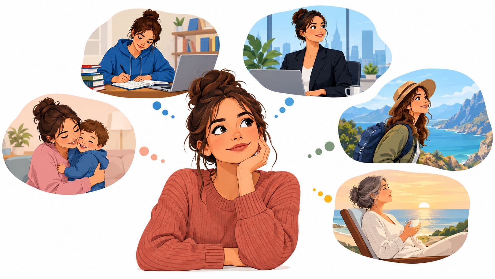 An illustration of a young woman daydreaming about her future life stages and various personal accomplishments.