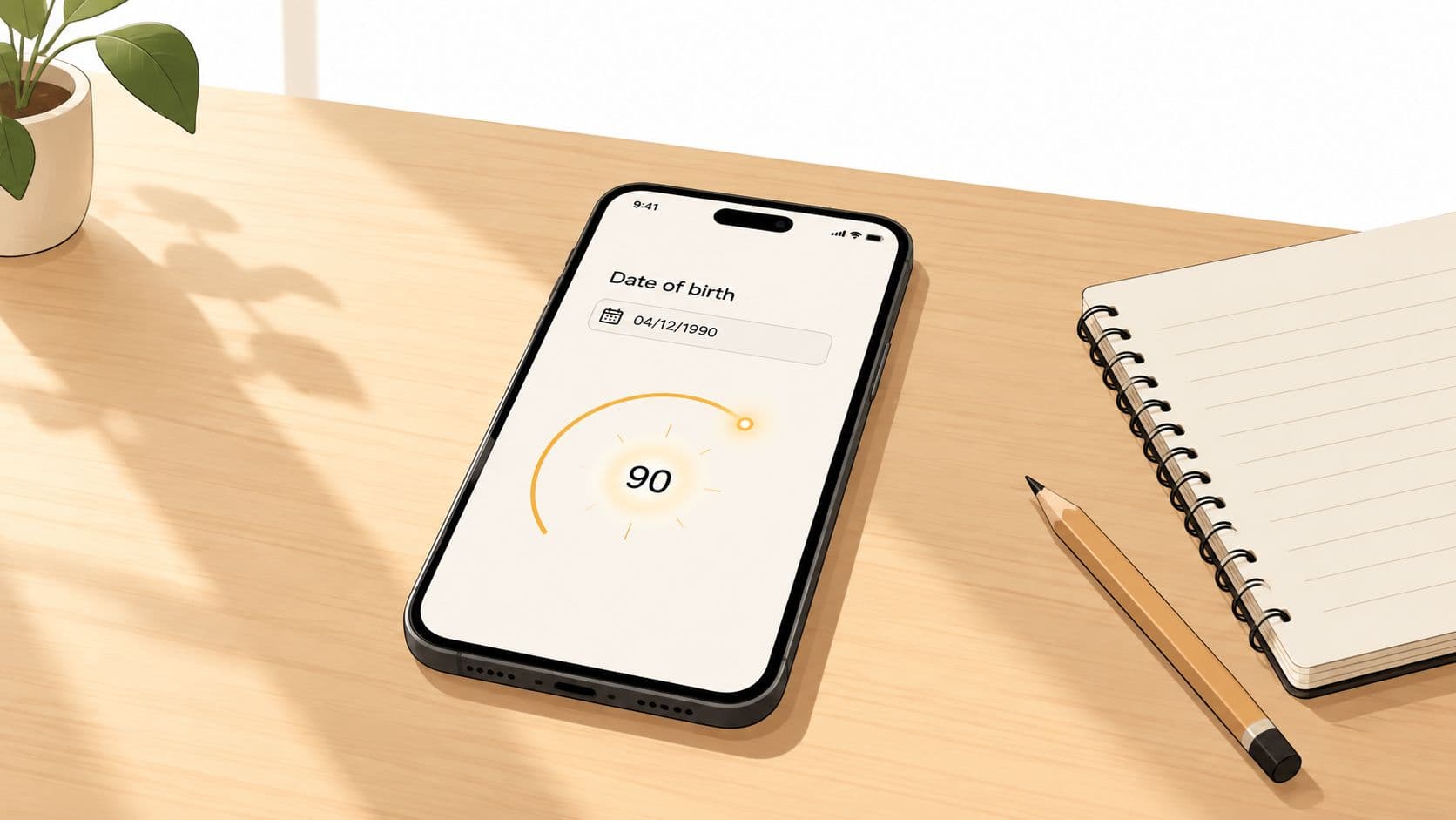 A smartphone on a wooden desk displaying a numerology app with a birth date and number score.