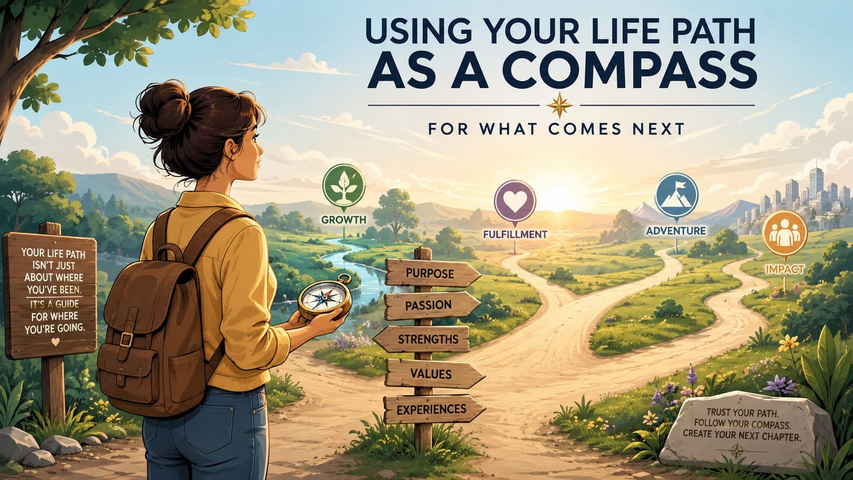 A woman holding a compass in a scenic landscape, illustrating the concept of using life path as guidance.