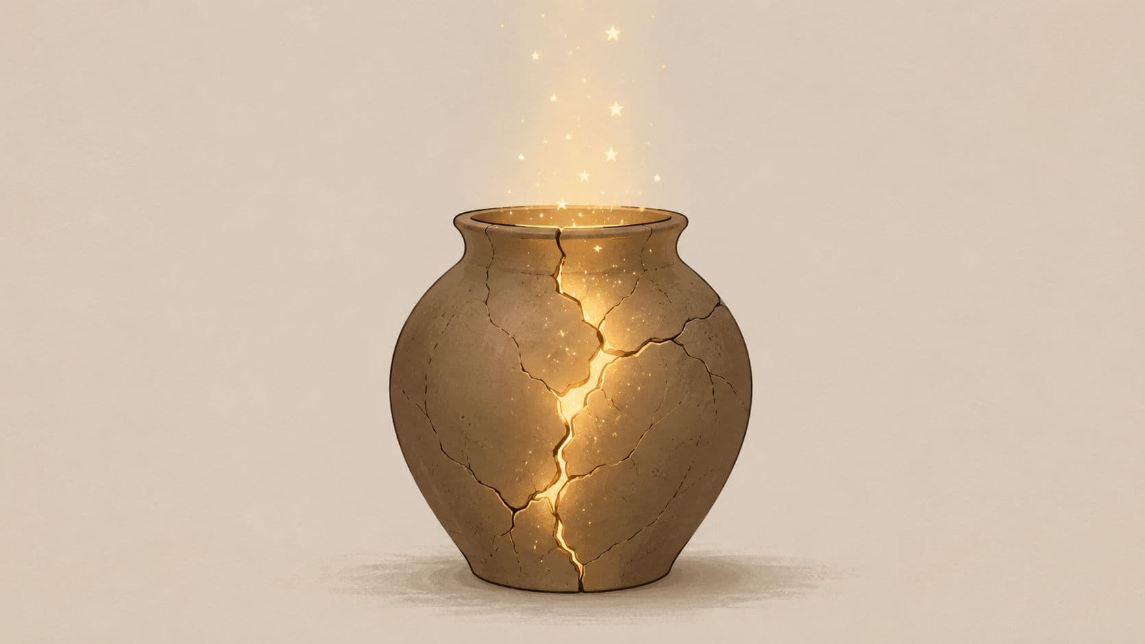 A cracked earthenware pot glowing from within with golden starlight emerging from the fissure.