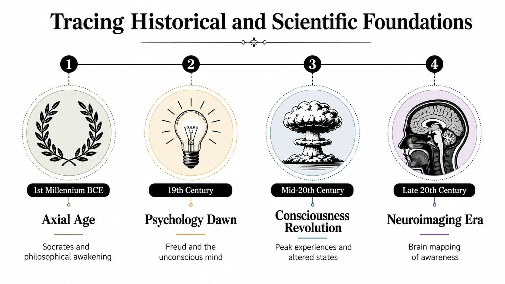 A timeline chart titled Tracing Historical and Scientific Foundations, illustrating the evolution of consciousness across four eras.