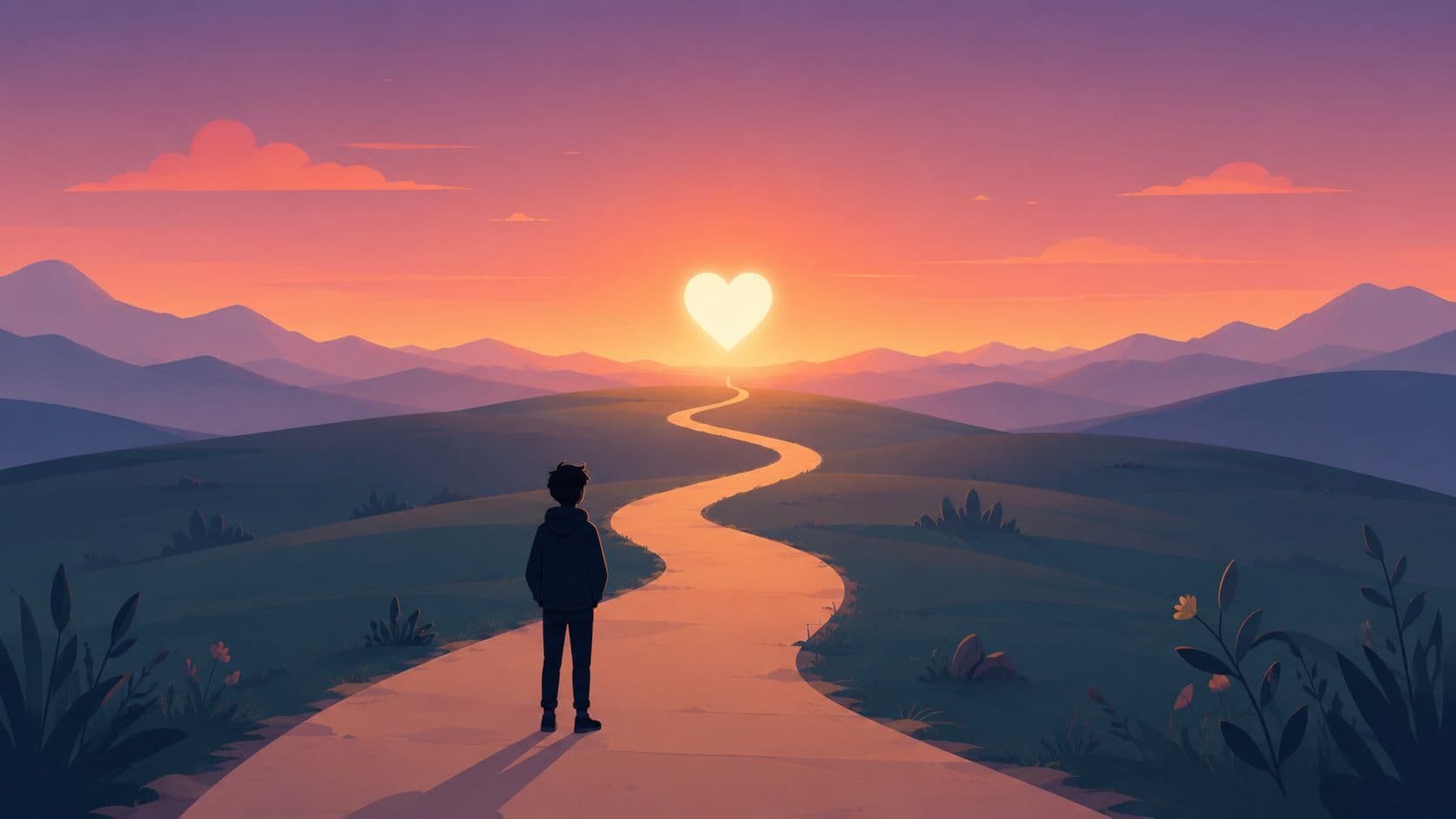 A person standing on a winding road at sunset with a heart-shaped sun in the sky.