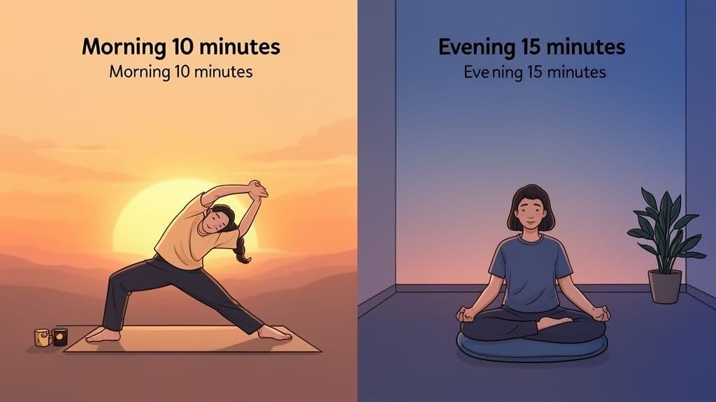 Two panels showing a person doing morning yoga and evening meditation for daily wellness.
