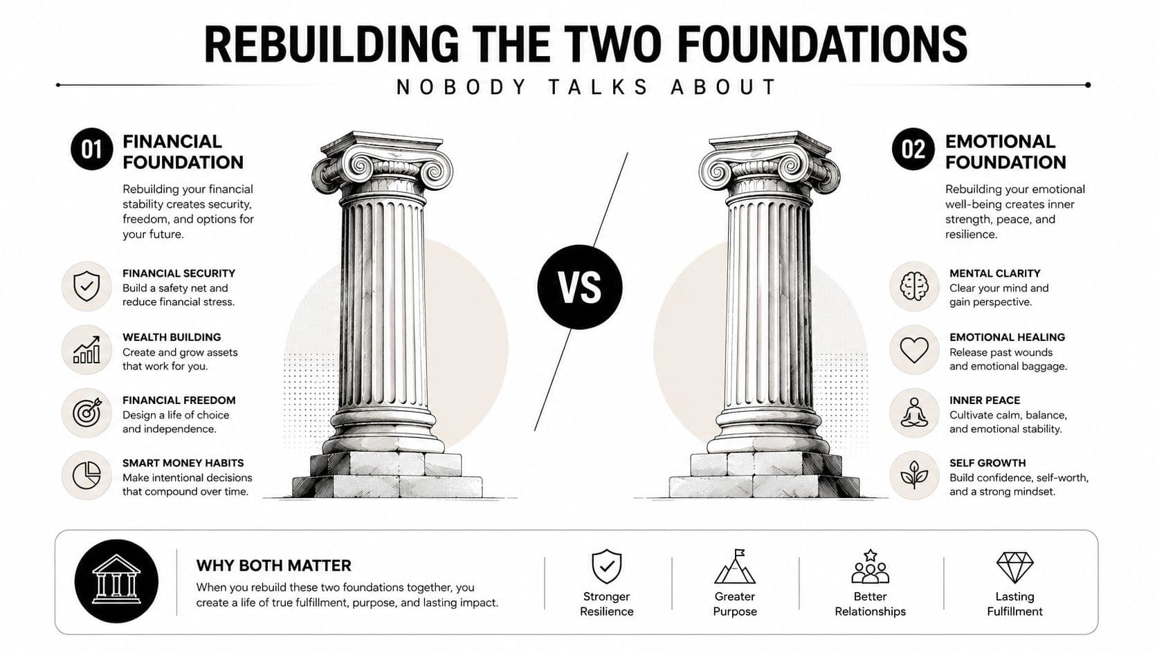 A diagram comparing financial and emotional foundations as pillars for rebuilding a balanced life after divorce.