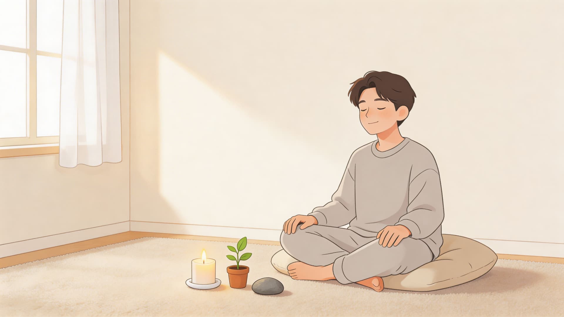 A young man sitting in a peaceful meditative pose on a cushion in a sunlit room.