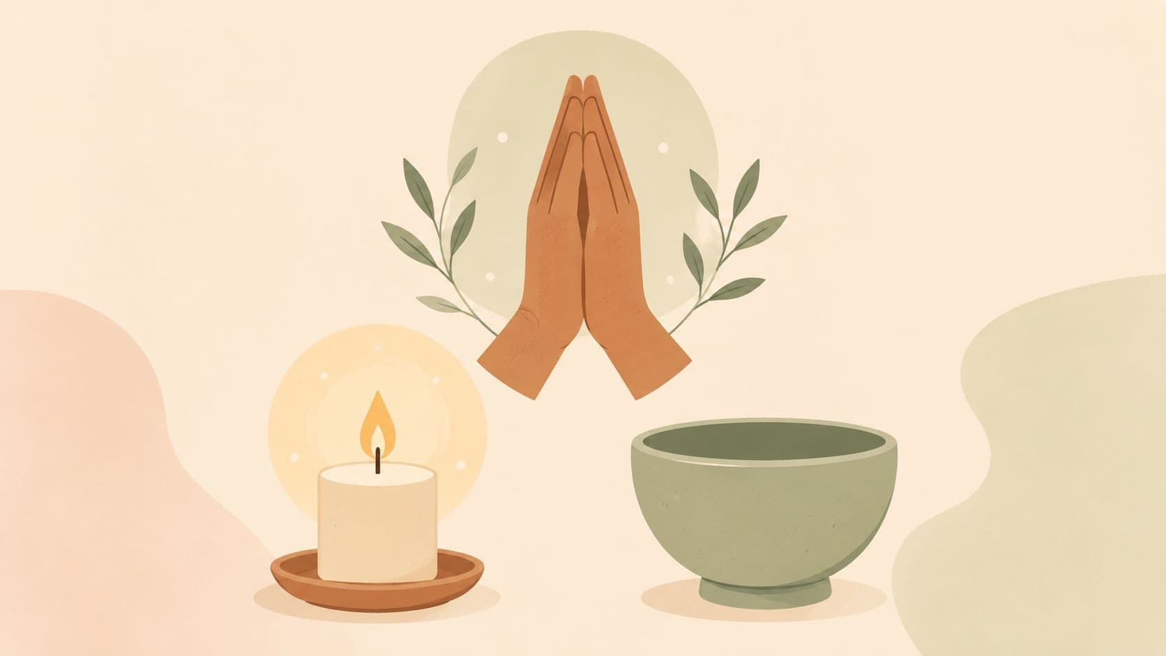 An illustration of hands in a praying position alongside a lit candle and a small bowl.