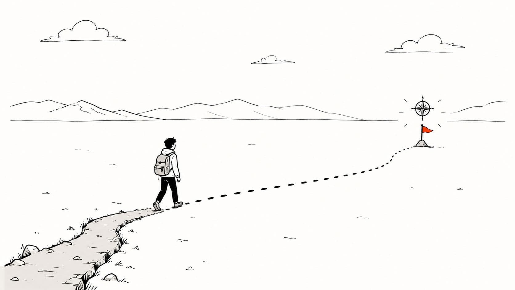 A line art illustration of a person walking on a path toward a red flag and compass.