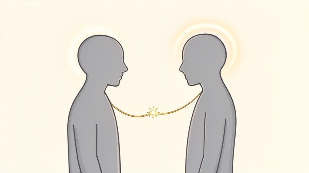 Illustrative image of two human silhouettes connected by a glowing golden cord and star, with halos.