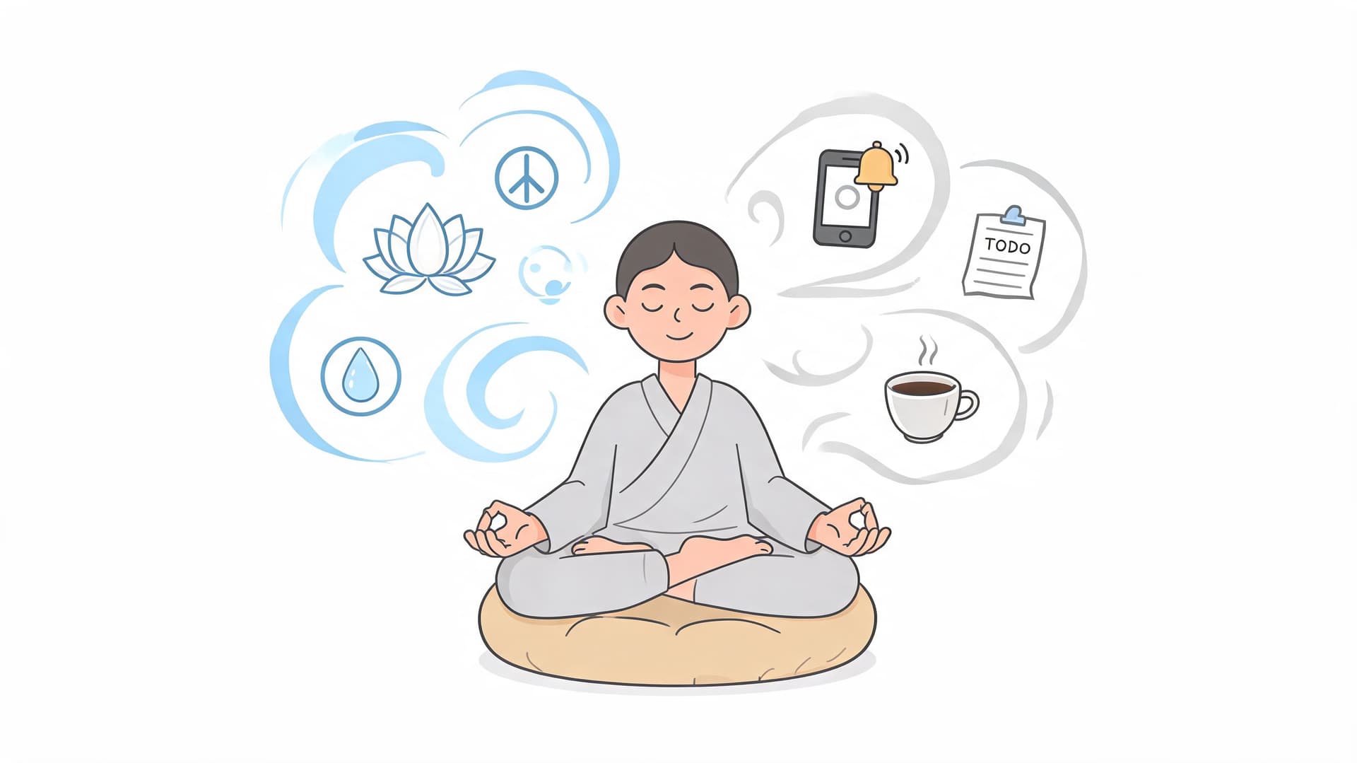 A person in comfortable clothing sitting in a meditative pose with peaceful and stressful icons surrounding them.