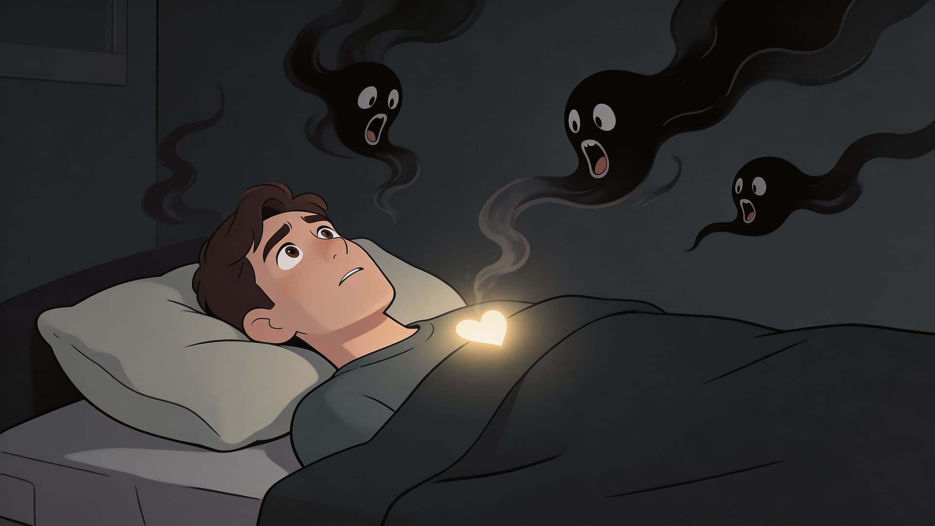 A person lying in bed at night with a glowing heart being surrounded by dark, shadowy ghosts.