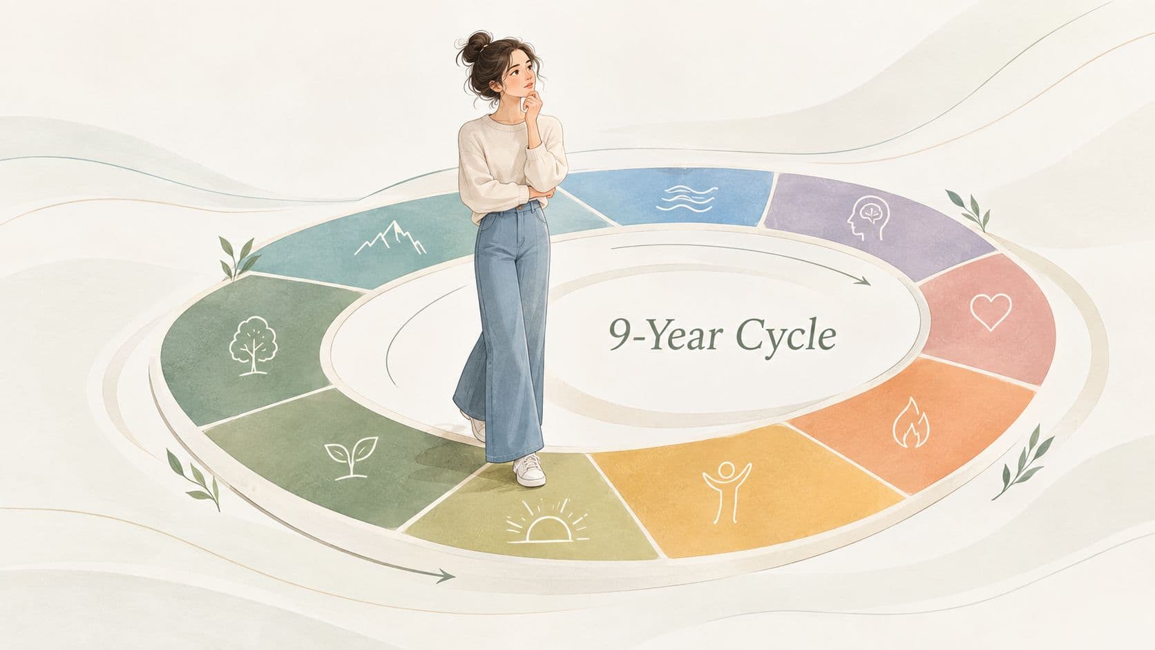 An illustration of a woman standing in the center of a circular diagram representing a 9-year cycle.