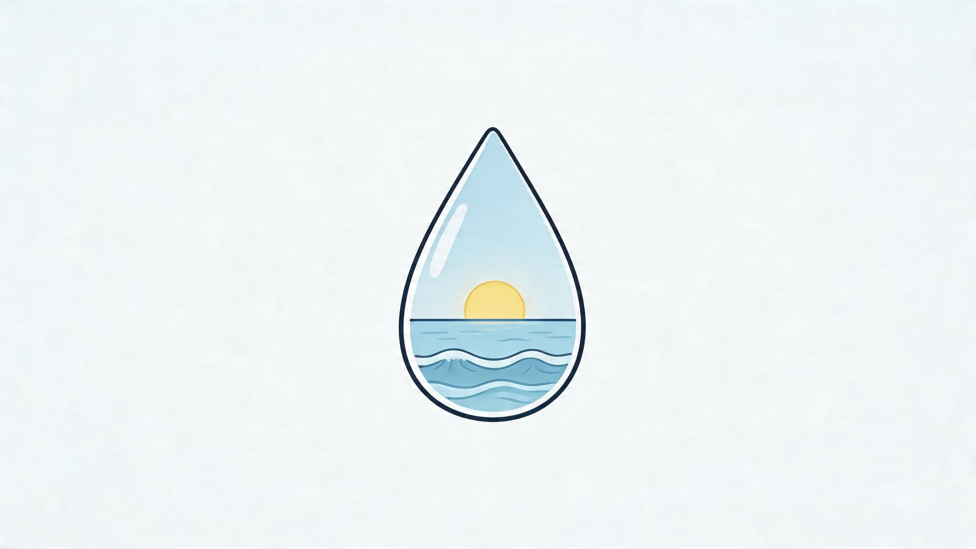 A digital illustration of a water drop containing a serene ocean landscape with a setting sun.