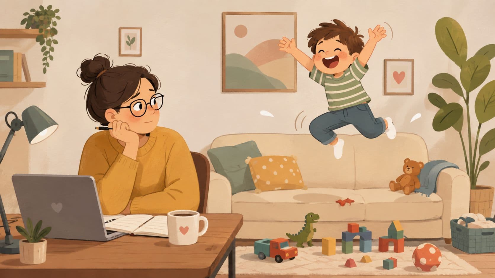 A woman working on a laptop at a desk while a young boy joyfully jumps on the couch.