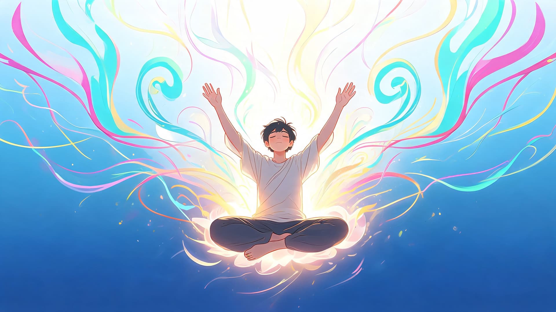 A serene young person meditating with arms raised as vibrant colorful energy swirls around them in peace.