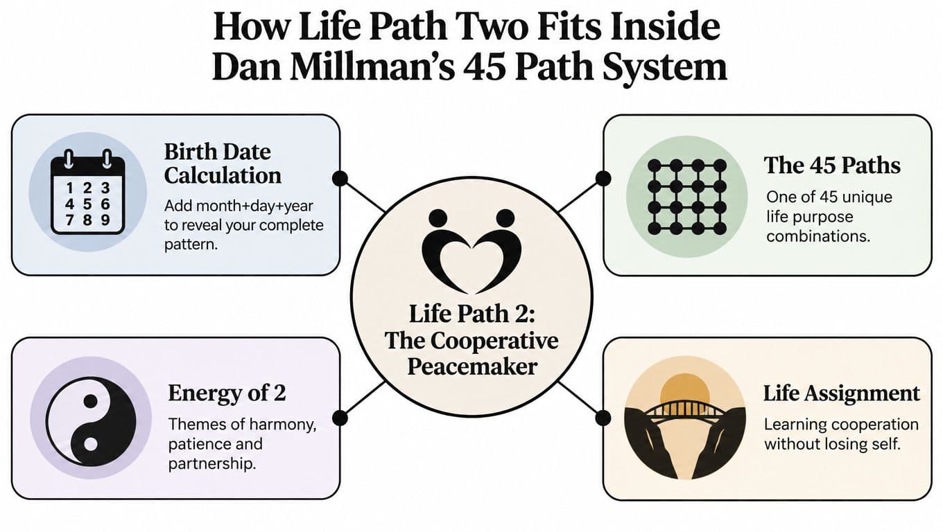 A diagram explaining Dan Millman's 45 Path system, focusing on the characteristics of Life Path number two.