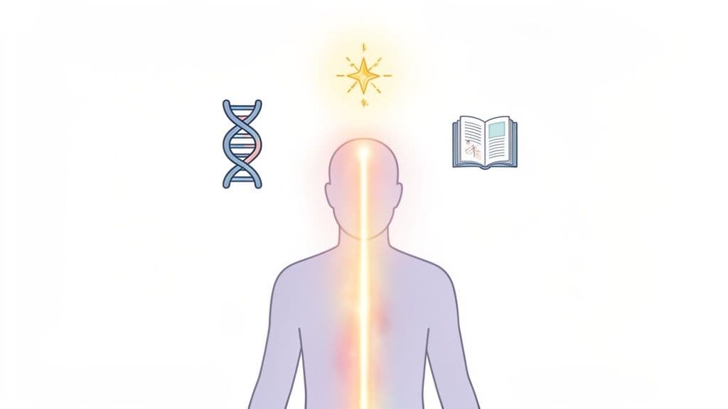 Illustration of a human body with glowing energy, a DNA helix, an open book, and a shining star.
