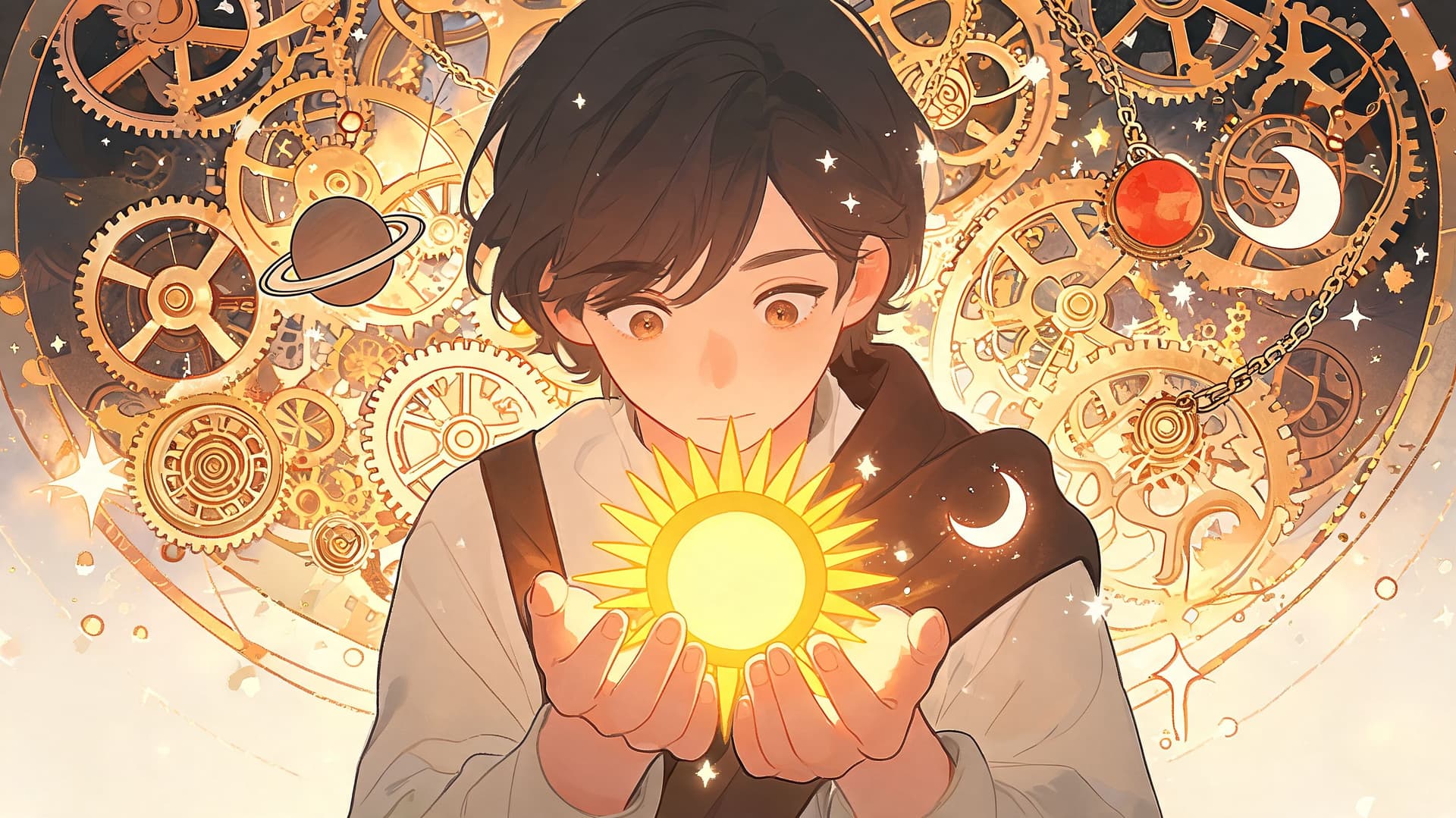 A young anime boy holding a glowing miniature sun amidst a background of intricate golden clockwork gears.