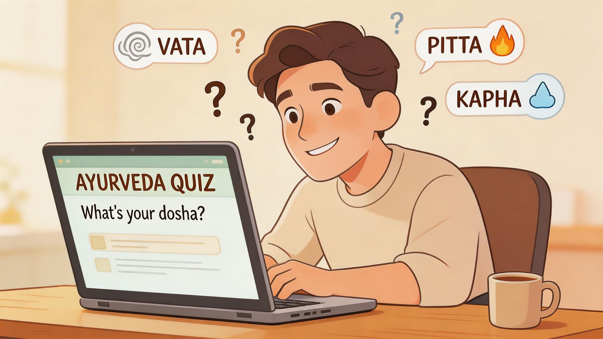 A young man sitting at a desk, looking curiously at an online Ayurveda quiz on his laptop.