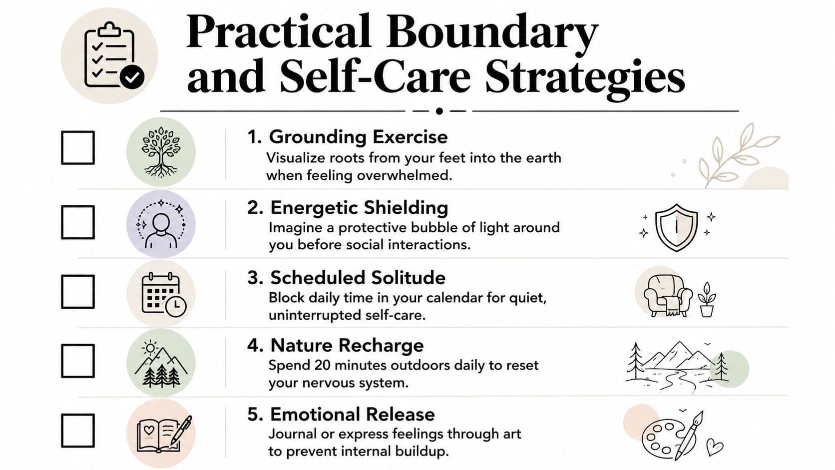 A list of five practical boundary and self-care strategies for personal wellness and emotional balance.