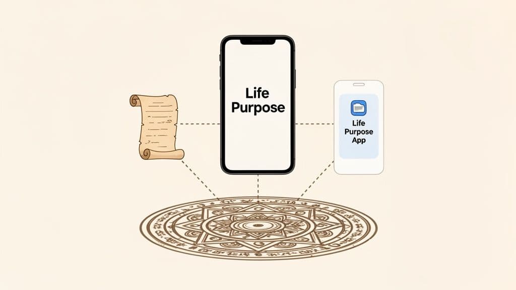 A conceptual diagram linking a scroll, a 'Life Purpose' phone and app, to a mystical circular symbol.